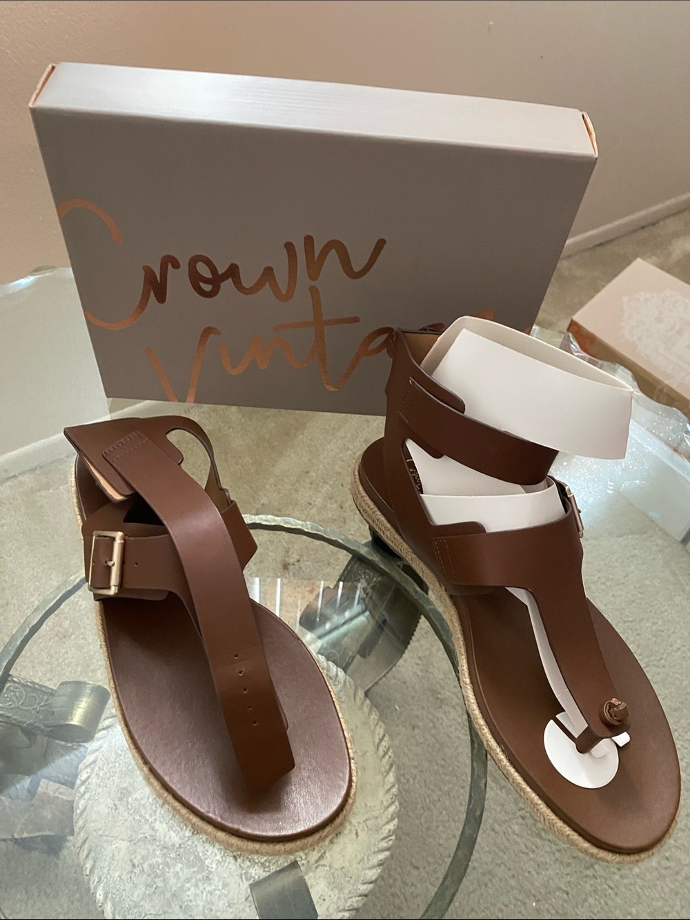 Crown Vintage Brown Leather T-Strap Gladiator Sandals